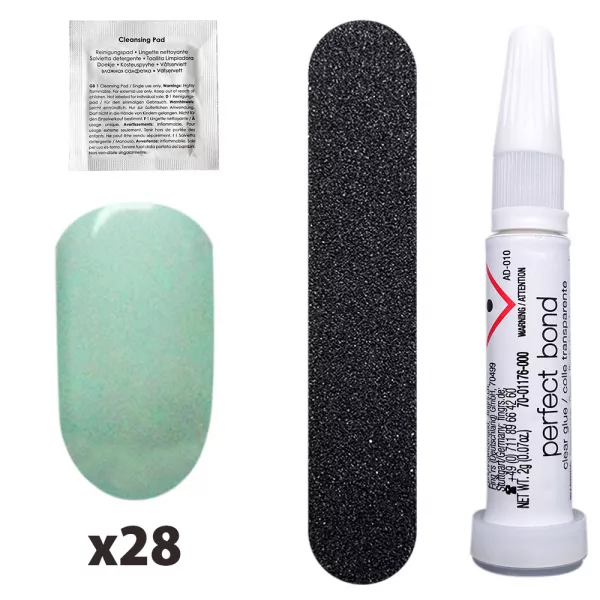 Tipsuri unghii false color press-on, So Chic Colored Nails, Mint High Gloss, Fingrs, 28 buc. + lipici unghii false + pila unghii + betisor bambus 