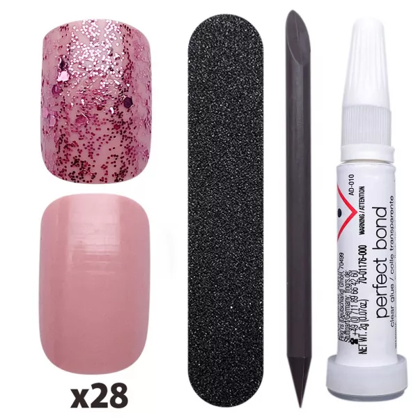 Tipsuri unghii false color press-on, Gel shine PINK glitter, 28 buc + lipici unghii + pila unghii + betisor portocal