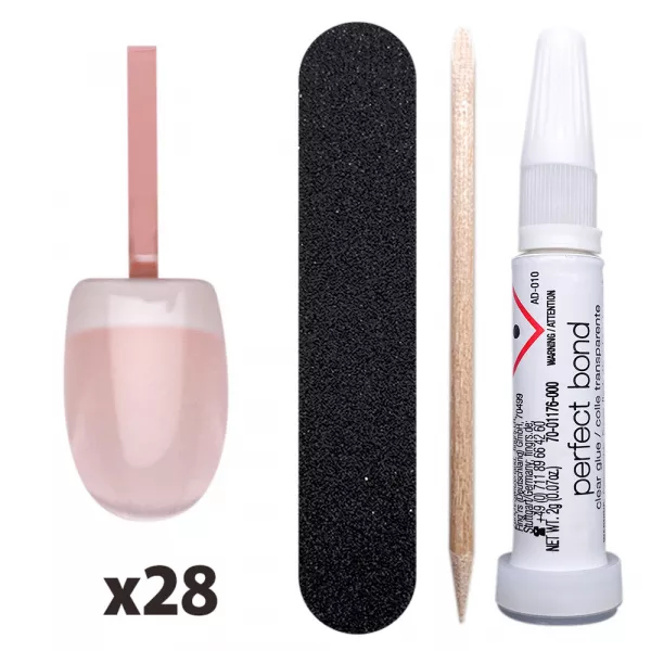 Tipsuri unghii false color press-on, flexi nails natural french, 28 buc + lipici unghii false + pila unghii + betisor portocal