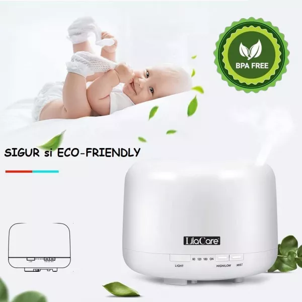 Umidificator si difuzor aromaterapie, Aroma Diffuser, Lila Care, 500 ml, cu telecomanda