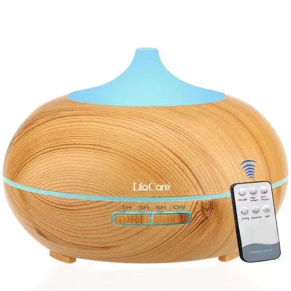 Umidificator si difuzor aromaterapie LilaCare, 500 ml, ultrasonic, cu telecomanda, lemn stejar