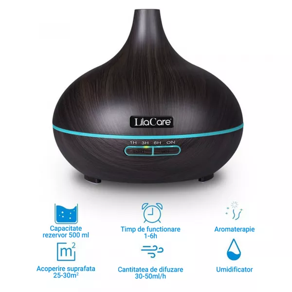 Umidificator difuzor aromaterapie, Lila Care, 500 ml, ultrasonic, cu telecomanda, Maro inchis