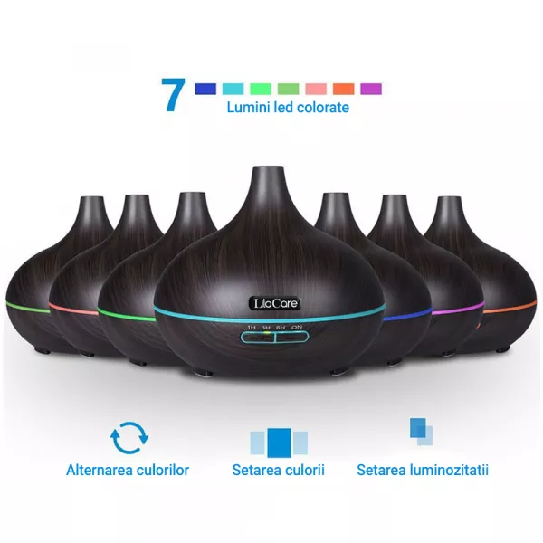 Umidificator difuzor aromaterapie, Lila Care, 500 ml, ultrasonic, cu telecomanda, Maro inchis