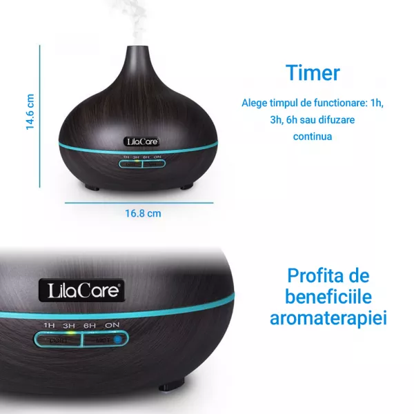 Umidificator difuzor aromaterapie, Lila Care, 500 ml, ultrasonic, cu telecomanda, Maro inchis