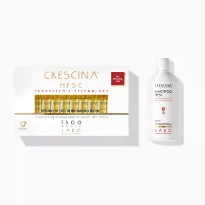 Pachet promoțional Tratament pentru recreșterea părului pentru femei LABO Crescina Transdermic Re-Growth HFSC 1300, 20 fiole x 3.5ml  + Șampon pentru recreșterea părului pentru femei LABO Crescina Transdermic HFSC, 200ml