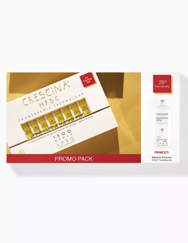 Pachet promoțional Tratament pentru recreșterea părului pentru femei LABO Crescina Transdermic Re-Growth HFSC 1300, 20 fiole x 3.5ml  + Șampon pentru recreșterea părului pentru femei LABO Crescina Transdermic HFSC, 200ml