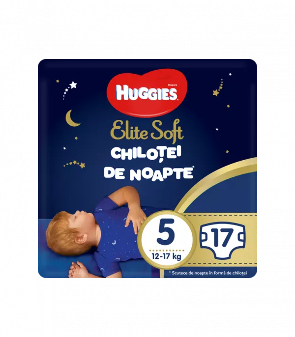 Scutece chilotel de noapte Huggies Elite Soft Pants Overnight, marimea 5, 17 buc, 12-17 kg