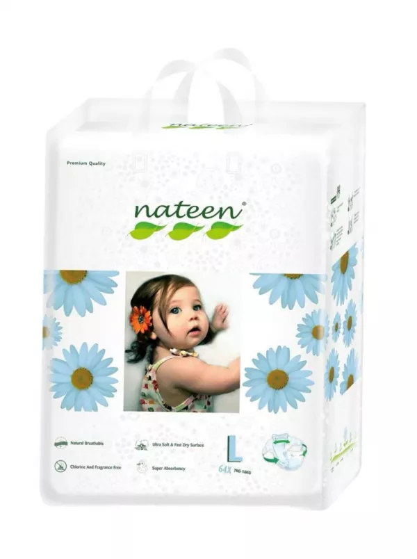 Scutece Biodegradabile și Hipoalergenice Nateen Premium Line L, Marimea 4 (7-18kg), 64buc