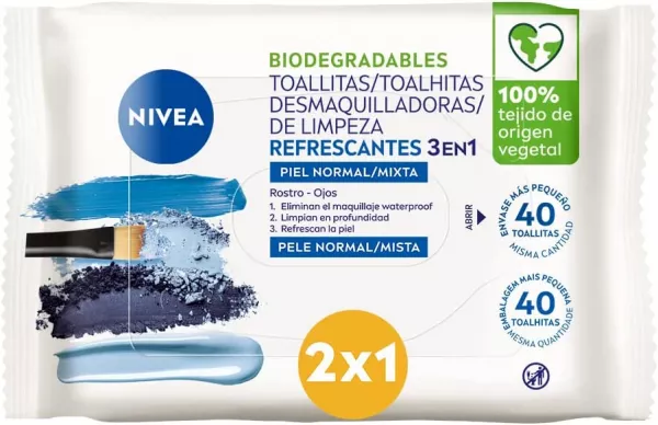 Servetele umede demachiante NIVEA, Biodegradabile pentru ten normal/mixt 3 in 1, 40 buc