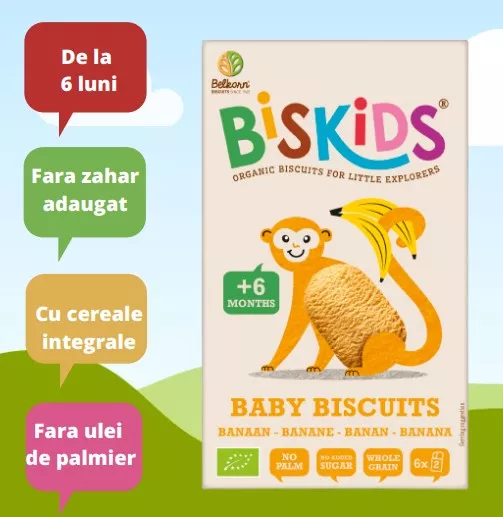 Biskids Baby Biscuiti eco fara zahar cu aroma de banana, de la 6 luni, 120 grame