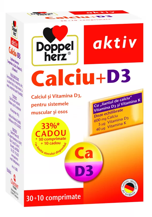 Doppelherz Calcium 600mg + Vitamina D3 x 30 comprimate + 10 comprimate cadou