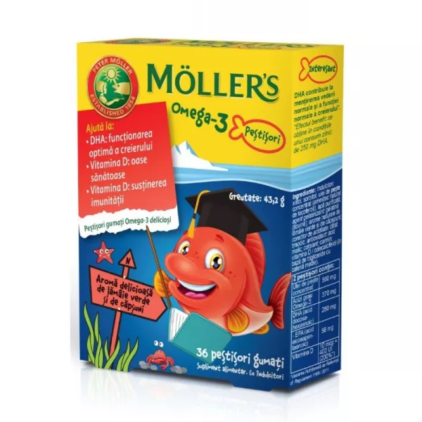 Moller's Omega 3 Pestisori cu aroma de lamaie verde si capsuni x 36 bucati
