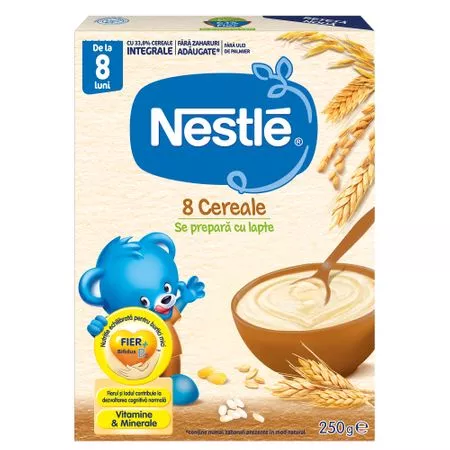 Nestle Cereale 8 Cereale cu Bifidus, de la 8 luni, 250 grame