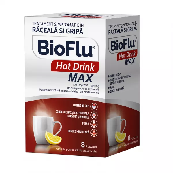 Bioflu Hot Drink Max, 1000 mg/200 mg/4 mg granule pentru suspensie orală, 8 plicuri, Biofarm