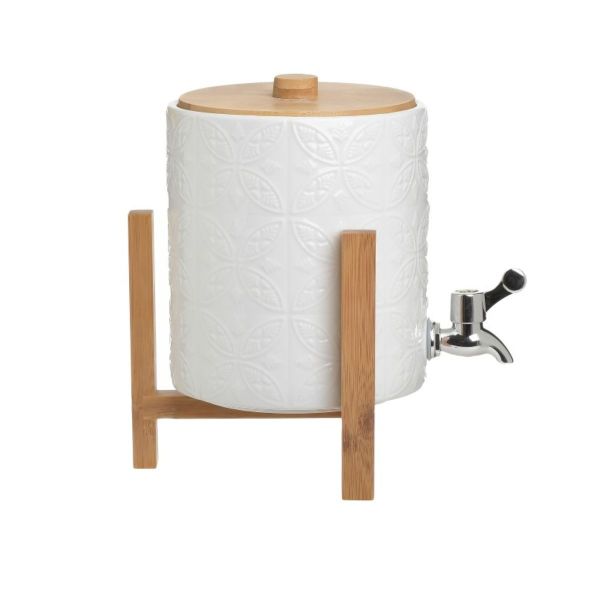 Borcan din portelan alb , cu picioare si capac de bambus si robinet, 24x18x25 cm