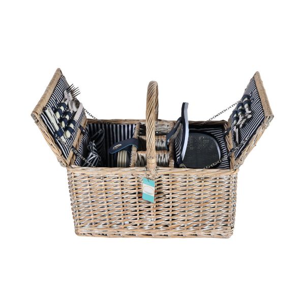 Cos de picnic pentru 4 persoane din rachita naturala maro deschis, cu tacamuri vesela si geanta frigorifica, ZQ23-1184
