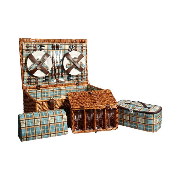 Cos de picnic pentru 4 persoane din rachita naturala maro deschis cu vesela, tacamuri , patura , geanta frigorifca si suport pahare  ZQ23-1216