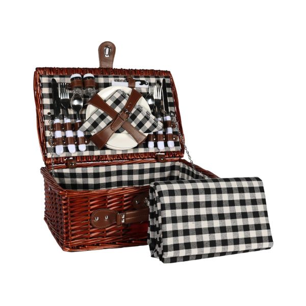 Cos de picnic pentru 4 persoane din rachita naturala maro inchis cu vesela, tacamuri si patura incluse ZQ23-1154