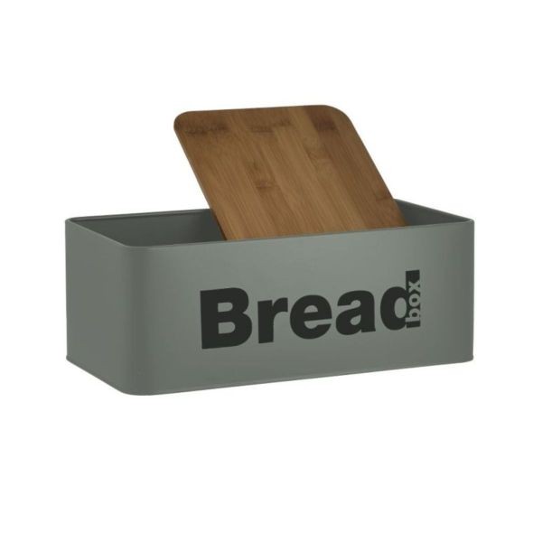 Cutie pentru paine Inart din metal, cu capac de lemn de bambus, verde menta