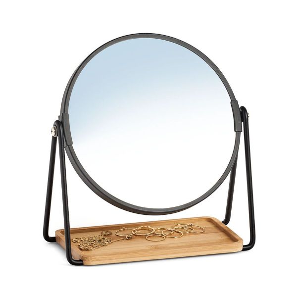 Oglinda cosmetica cu 2 fete, neagra, din metal si bambus, Ø17, Cosmetic Mirror Zeller