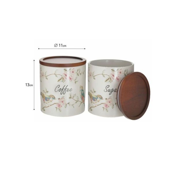 Set 2 Borcane cafea si zahar , din portelan,u capace de lemn , model floral,  Φ11x13 cm