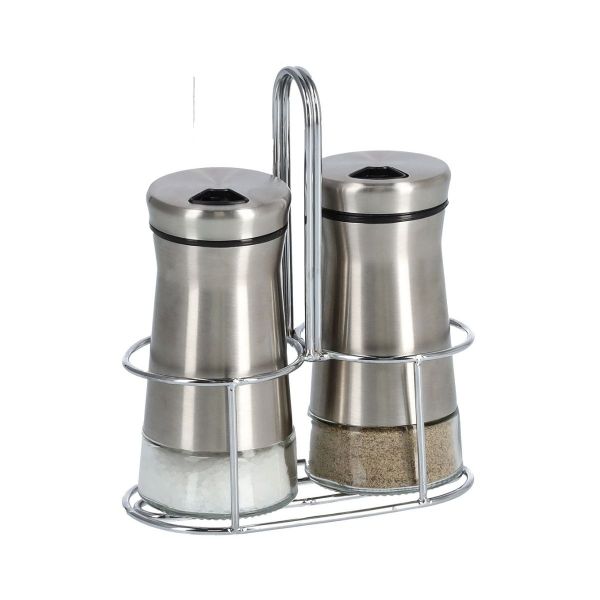 Set 2 recipiente pentru sare si piper, cu suport, argintiu, din sticla si inox, Ø5x11,3 cm, Salt/Pepper Shaker Zeller