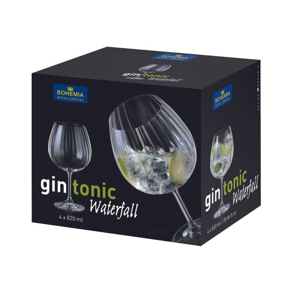 Set de 2 pahare pentru gin, transparent, din cristal de Bohemia, 820 ml, Gin Tonic Waterfall