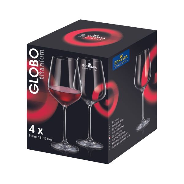 Set de 4 pahare pentru vin rosu, transparent, din cristal de Bohemia, 600 ml, Globo
