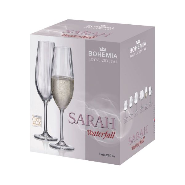 Set de 6 pahare pentru sampanie, transparent, din cristal de Bohemia, 260 ml, Sarah Waterfall