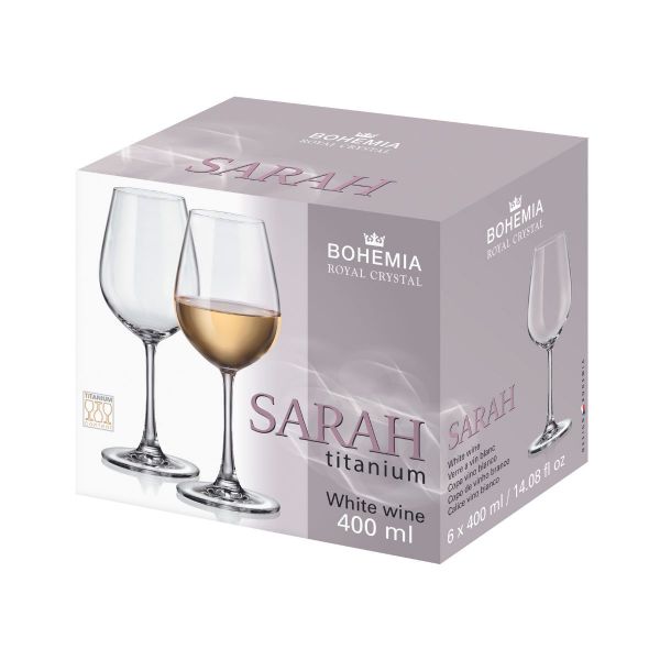 Set de 6 pahare pentru vin alb, transparent, din cristal de Bohemia, 400 ml, Sarah White Wine