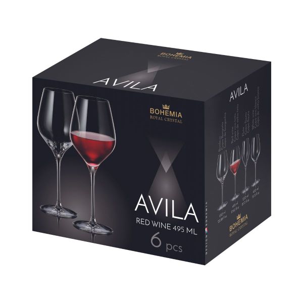 Set de 6 pahare pentru vin rosu, transparent, din cristal de Bohemia, 495 ml, Avila Red Wine