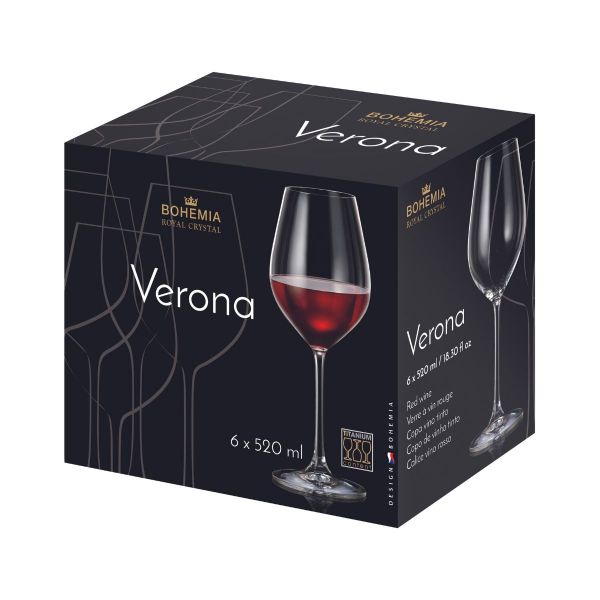 Set de 6 pahare pentru vin rosu, transparent, din cristal de Bohemia, 520 ml, Verona Red Wine