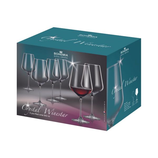 Set de 6 pahare pentru vin rosu, transparent, din cristal de Bohemia, 840ml, Crystal Winestar