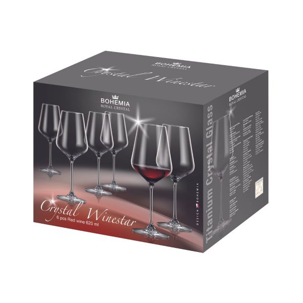 Set de 6 pahare pentru vin, transparent, din cristal de Bohemia, 620ml, Crystal Winestar
