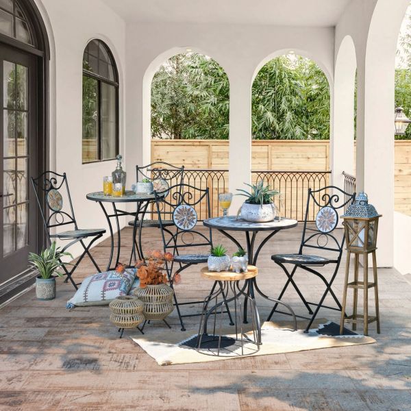 Set mobilier terasă/ grădină albastru-alb, 2 scaune și masă, placi ceramice