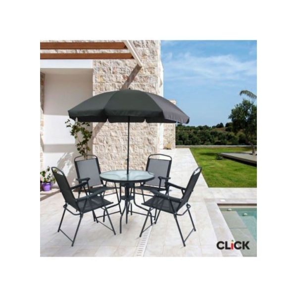 Set mobilier terasa/ gradina negru - masa, 4 scaune si umbrela