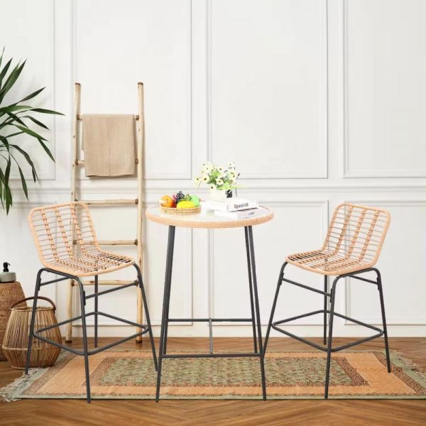 Set pentru terasa cu 2 scaune si o masuta inalte, maro/negru, din metal si polipropilena stil bambus