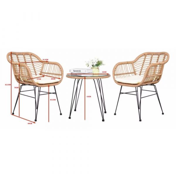 Set pentru terasa cu 2 scaune si o masuta, maro/negru, din metal si polipropilena stil bambus