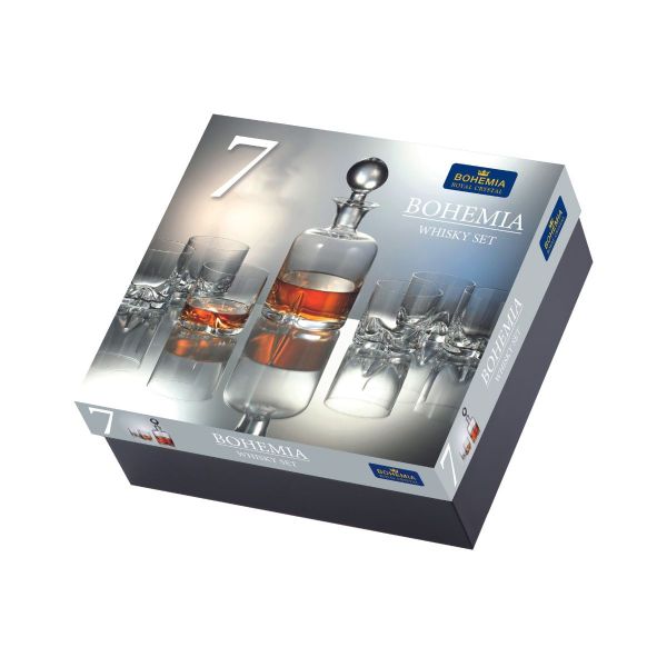 Set whisky, 1 carafa + 6 pahare, din cristal de Bohemia, 1000 ml + 410 ml, Trio