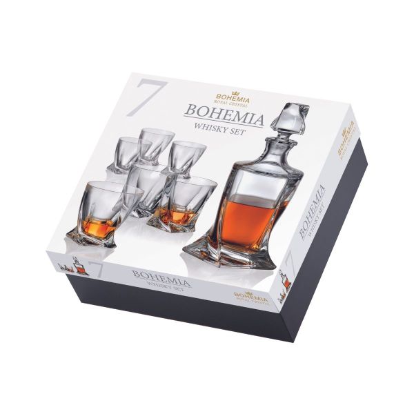 Set whisky, 1 carafa + 6 pahare, din cristal de Bohemia, 850 ml + 340 ml, Quadro