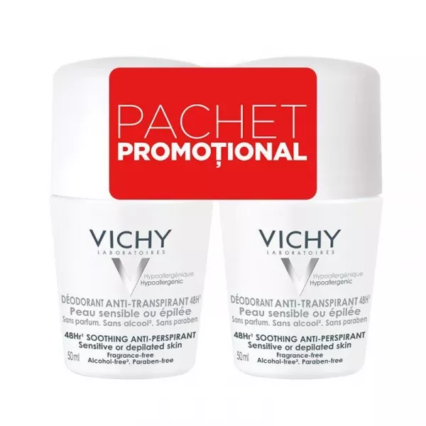 Vichy Deo bi-pack roll-on antiperspirant 48h piele sensibila sau epilata, fara parfum, 2x 50ml