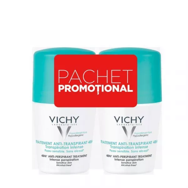 Vichy Deo bi-pack roll-on antiperspirant intens eficacitate 48h cu parfum, 2x 50ml