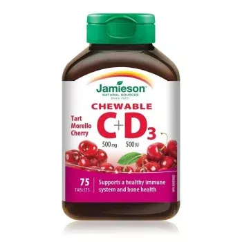 Vitamina C 500mg +D3 500UI x 75 comprimate masticabile cu aroma de cirese, Jamieson 