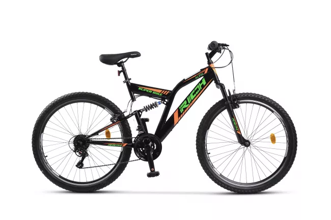 Bicicleta MTB-Full Suspension Rich R2649A, Sunrun 21 Viteze, Roti 26 Inch, Frane V-Brake, Negru/Verde/Portocaliu 1
