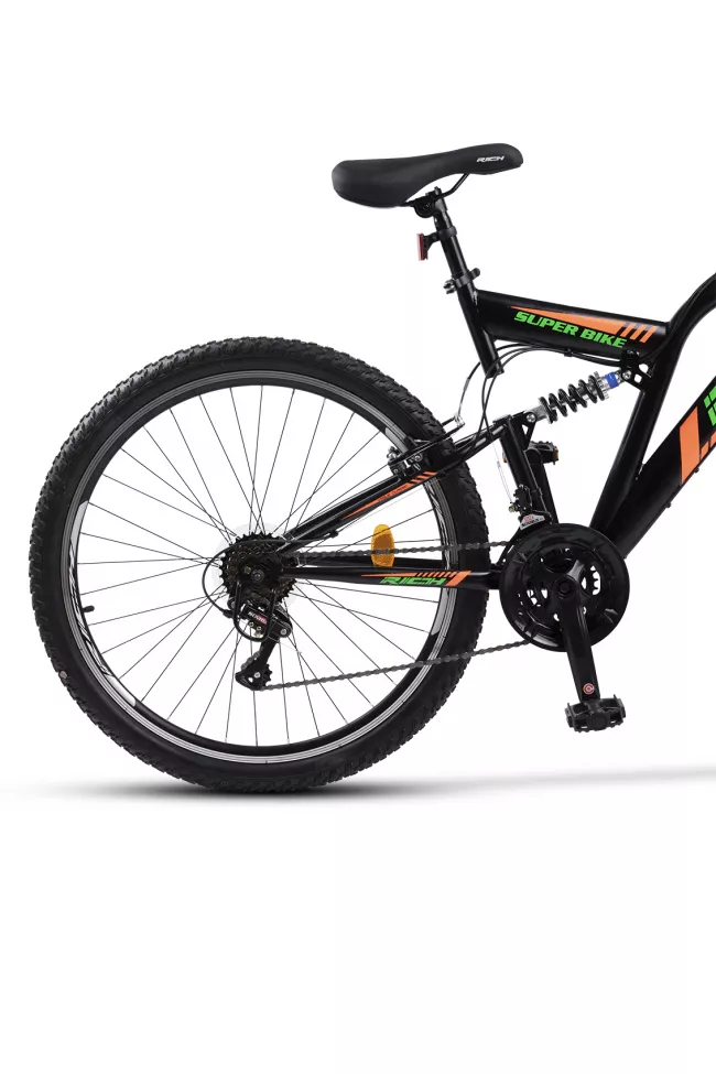 Bicicleta MTB-Full Suspension Rich R2649A, Sunrun 21 Viteze, Roti 26 Inch, Frane V-Brake, Negru/Verde/Portocaliu 4