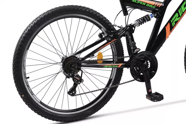 Bicicleta MTB-Full Suspension Rich R2649A, Sunrun 21 Viteze, Roti 26 Inch, Frane V-Brake, Negru/Verde/Portocaliu 5