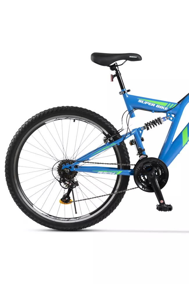Bicicleta MTB-Full Suspension Rich R2649A, Sunrun 21 Viteze, Roti 26 Inch, Frane V-Brake, Albastru/Verde/Alb 4