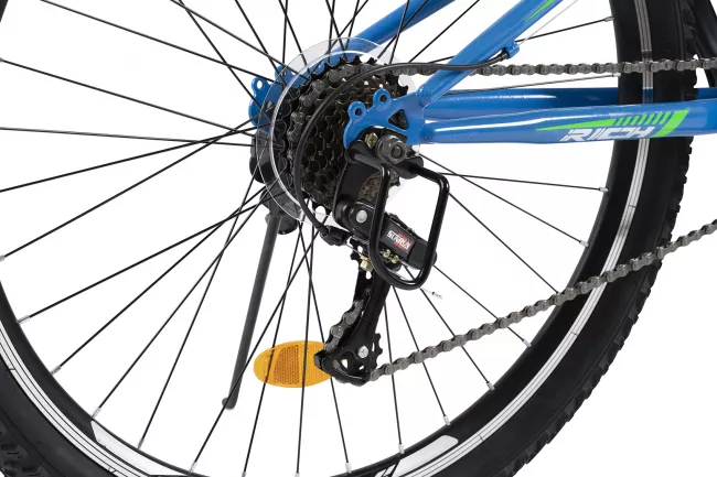 Bicicleta MTB-Full Suspension Rich R2649A, Sunrun 21 Viteze, Roti 26 Inch, Frane V-Brake, Albastru/Verde/Alb 5