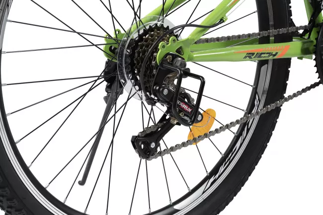 Bicicleta MTB-Full Suspension Rich R2649A, Sunrun 21 Viteze, Roti 26 Inch, Frane V-Brake, Verde/Portocaliu/Negru 5