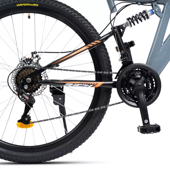 Bicicleta MTB-FS, Saiguan Revoshift 18 Viteze, Roti 27.5 Inch, Frane pe Disc, RICH R2750D, Cadru Gri cu Design Portocaliu/Alb 3